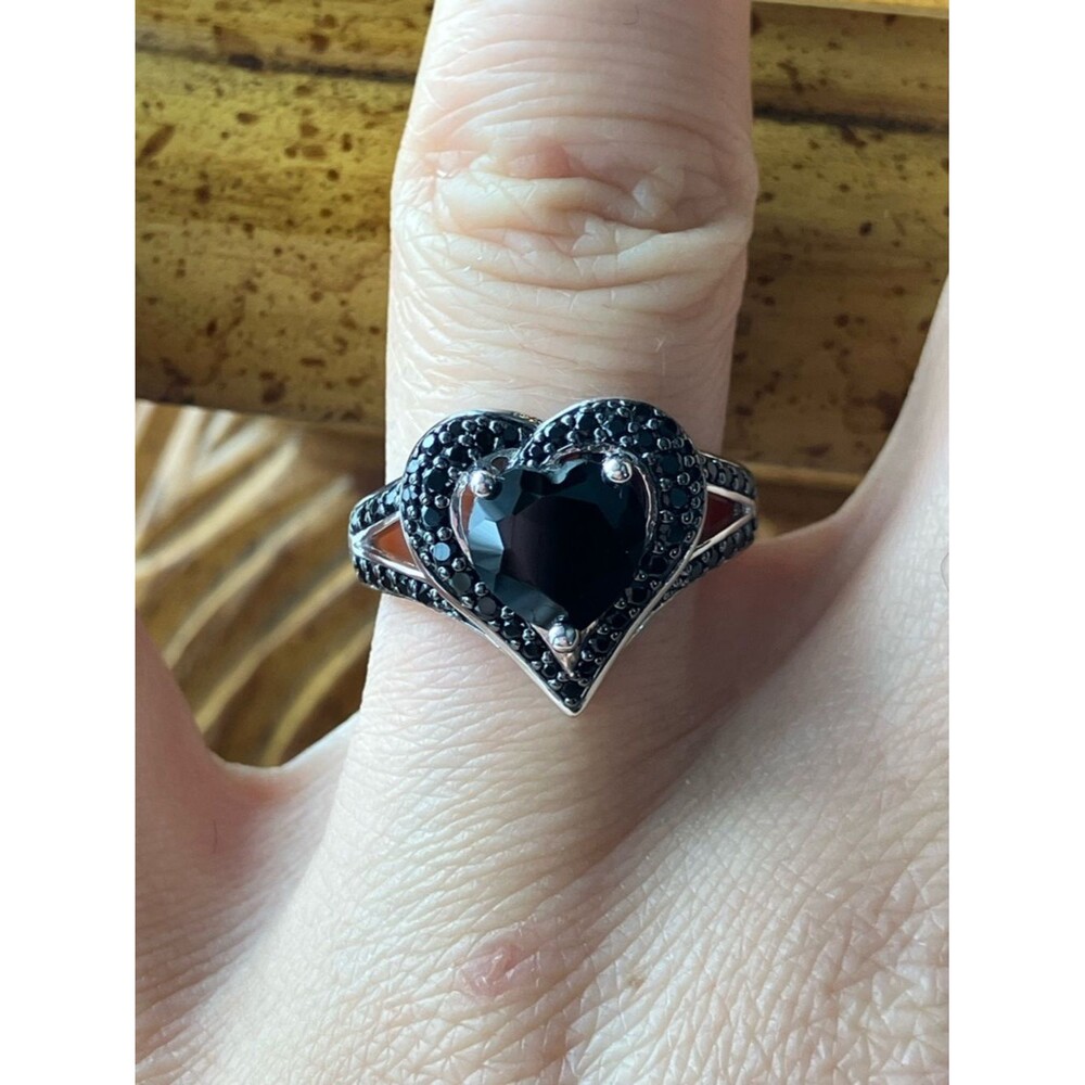 Natural Black Spinel Sterling Silver Heart Ring Size 7